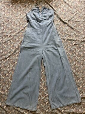 By Together Halter Strappy Light Blue Denim Jumpsuit